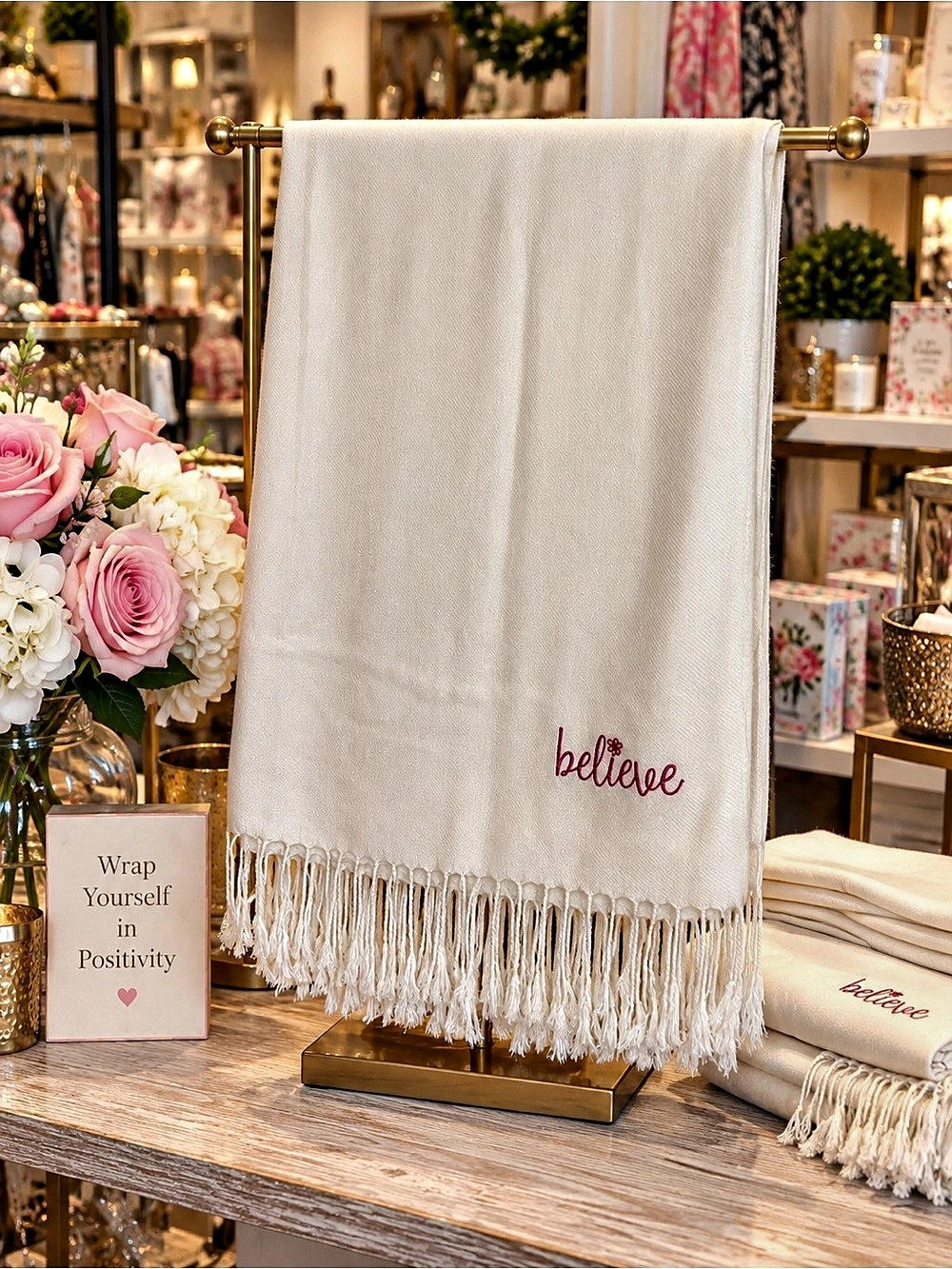 “Believe” Pashmina Cream Fringed Throw